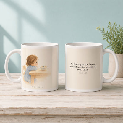 Mi Padre sabe lo que necesito | Taza de inspiración bíblica | Mateo 6:26 — 11oz · Mañana aqua, arte y frase devocional en dos tazas