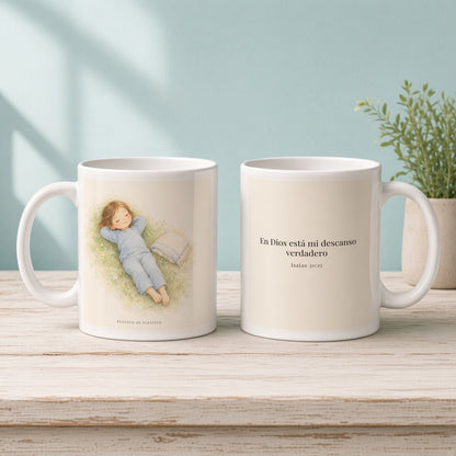En Dios está mi descanso verdadero | Taza cristiana para regalar | Isaías 30:15 — 11oz · Mañana aqua, arte y frase devocional en dos tazas