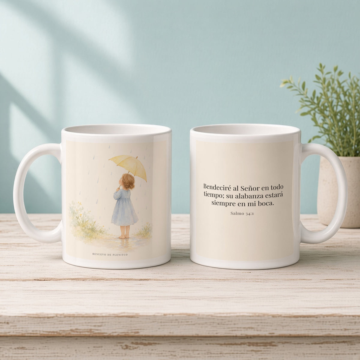 Bendeciré a Jehová en todo tiempo | Taza cristiana con frase devocional | Salmo 34:1 — 11oz · Mañana aqua, arte y frase devocional en dos tazas