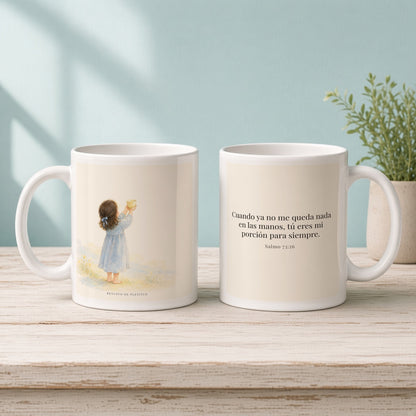 Mi porción eres tú, Señor | Taza devocional ilustrada | Salmo 73:26 — 11oz · Mañana aqua, arte y frase devocional en dos tazas