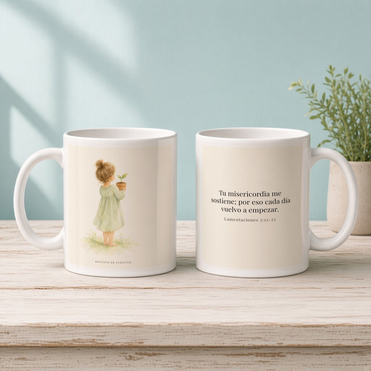 Por la misericordia de Jehová no fuimos consumidos | Taza cristiana con frase devocional | Lamentaciones 3:22-23 — 11oz · Mañana aqua, arte y frase devocional en dos tazas