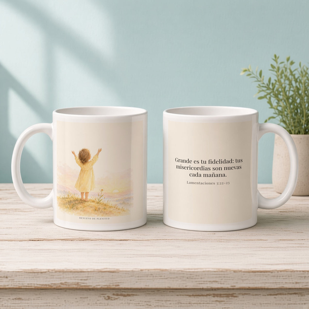 Grande es tu fidelidad, oh Dios | Taza cristiana para regalar | Lamentaciones 3:22-23 — 11oz · Mañana aqua, arte y frase devocional en dos tazas