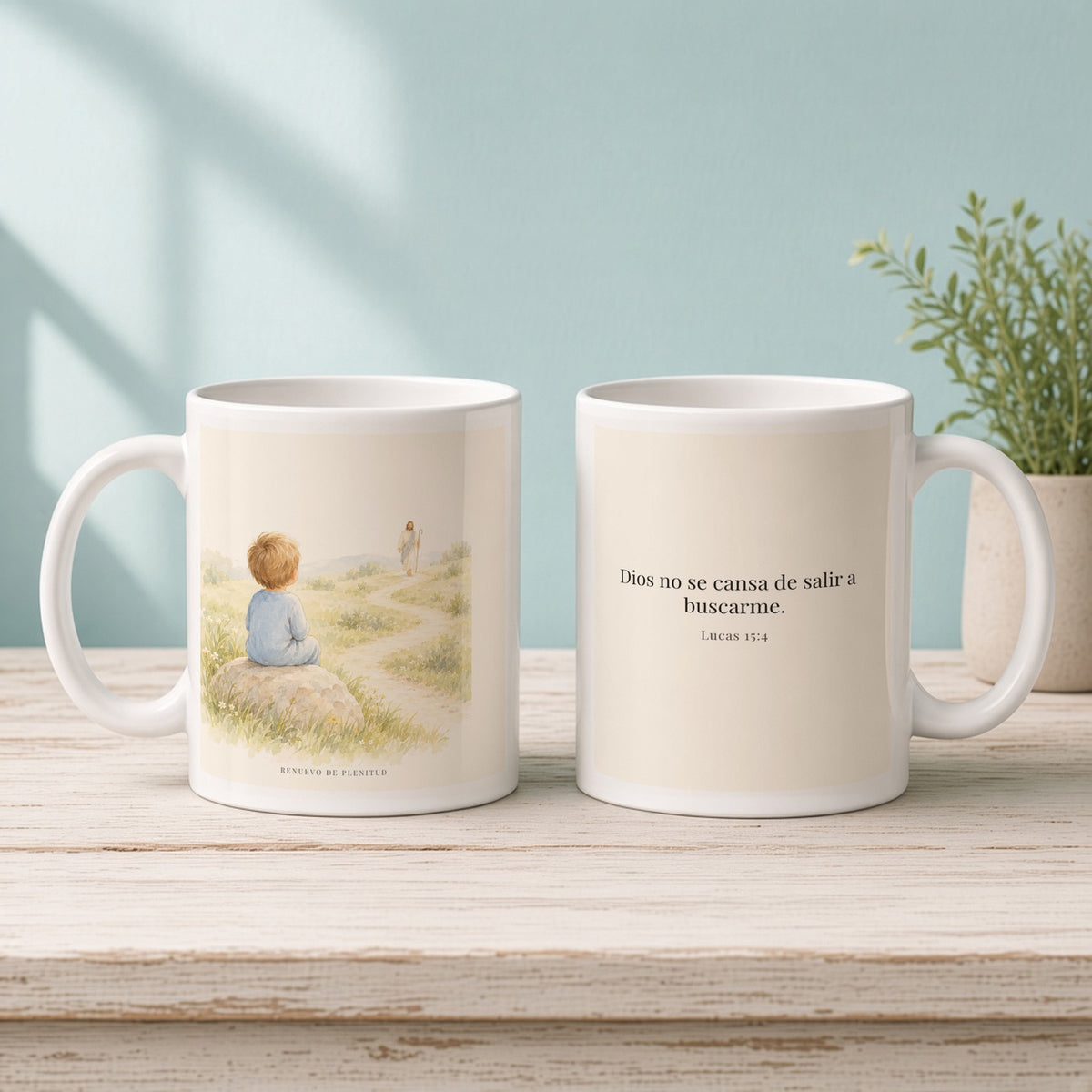 Dios no se cansa de buscarme | Taza bíblica para café | Lucas 15:4 — 11oz · Mañana aqua, arte y frase devocional en dos tazas