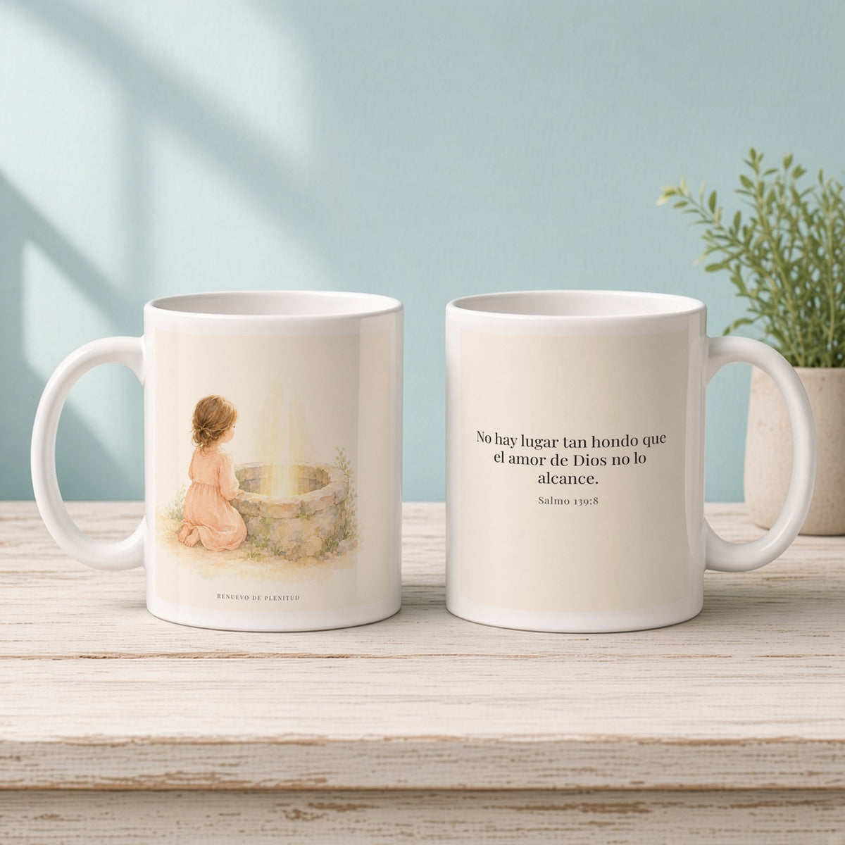 Su amor me alcanza donde yo no puedo | Taza con arte cristiano | Salmo 139:8 — 11oz · Mañana aqua, arte y frase devocional en dos tazas