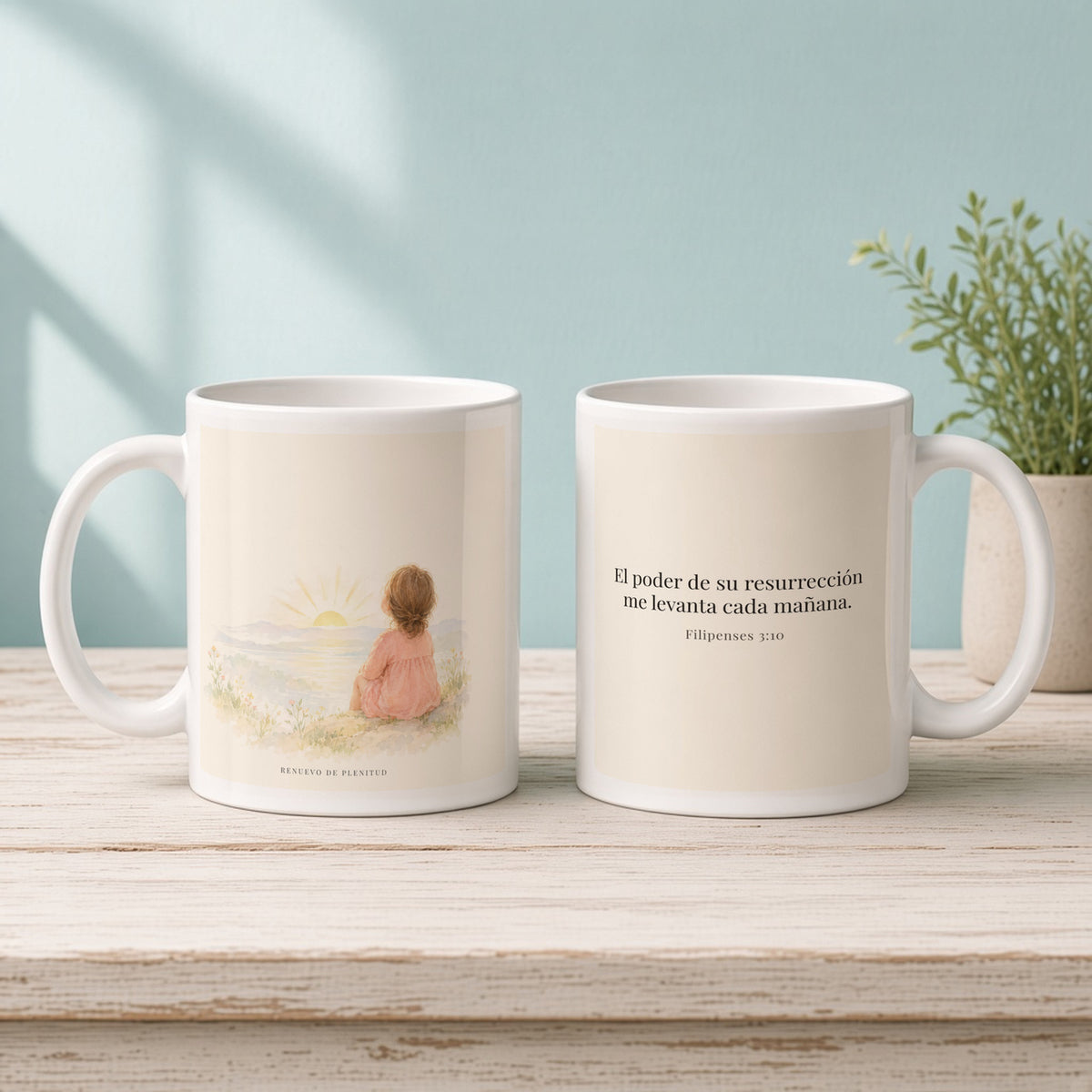 El poder de su resurrección me levanta | Taza de fe para cada mañana | Filipenses 3:10 — 11oz · Mañana aqua, arte y frase devocional en dos tazas