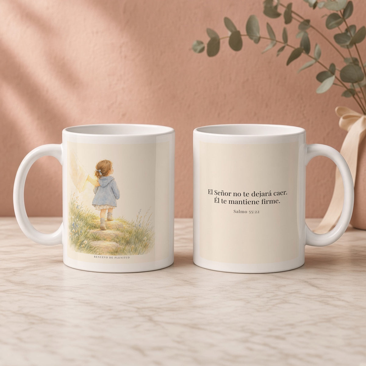 El Señor no te dejará caer | Taza devocional de fe | Salmo 55:22 — 11oz · Regalo rosa empolvado, arte y frase devocional en dos tazas