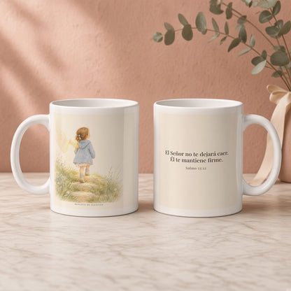 El Señor no te dejará caer | Taza devocional de fe | Salmo 55:22 — 11oz · Regalo rosa empolvado, arte y frase devocional en dos tazas