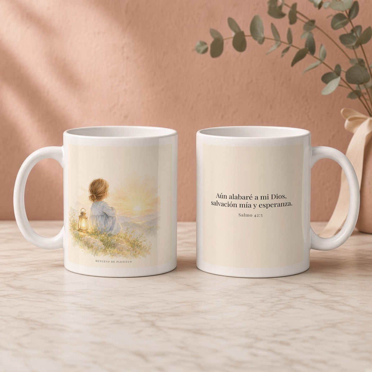 Aún he de alabar a mi Dios | Taza cristiana en dos tamaños | Salmo 42:5 — 11oz · Regalo rosa empolvado, arte y frase devocional en dos tazas