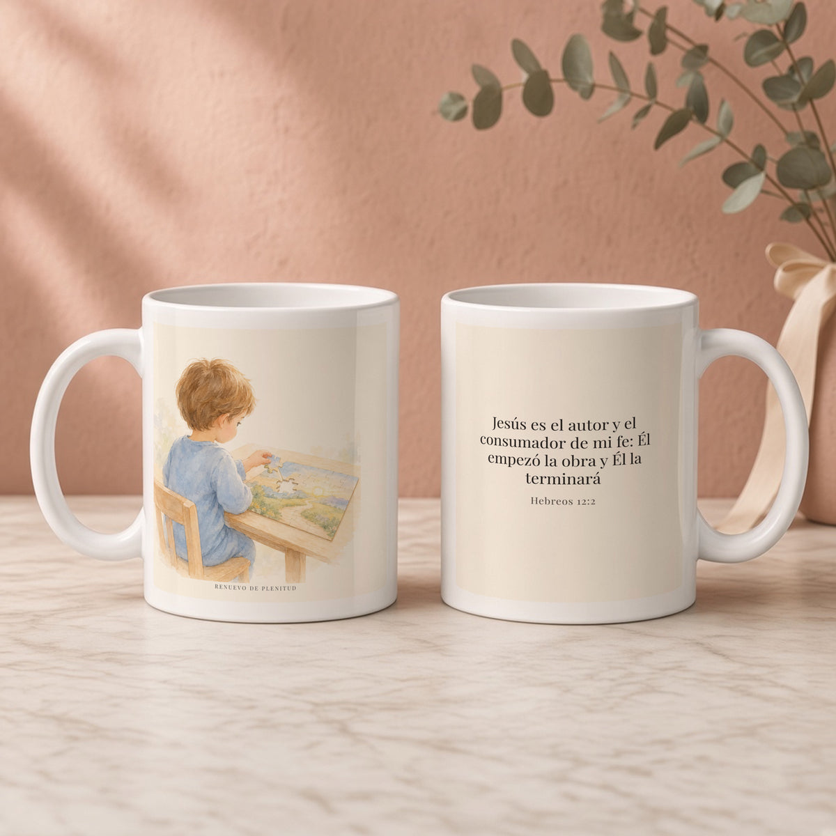 Jesús es el autor y consumador de nuestra fe | Taza cristiana con frase devocional | Hebreos 12:2 — 11oz · Regalo rosa empolvado, arte y frase devocional en dos tazas