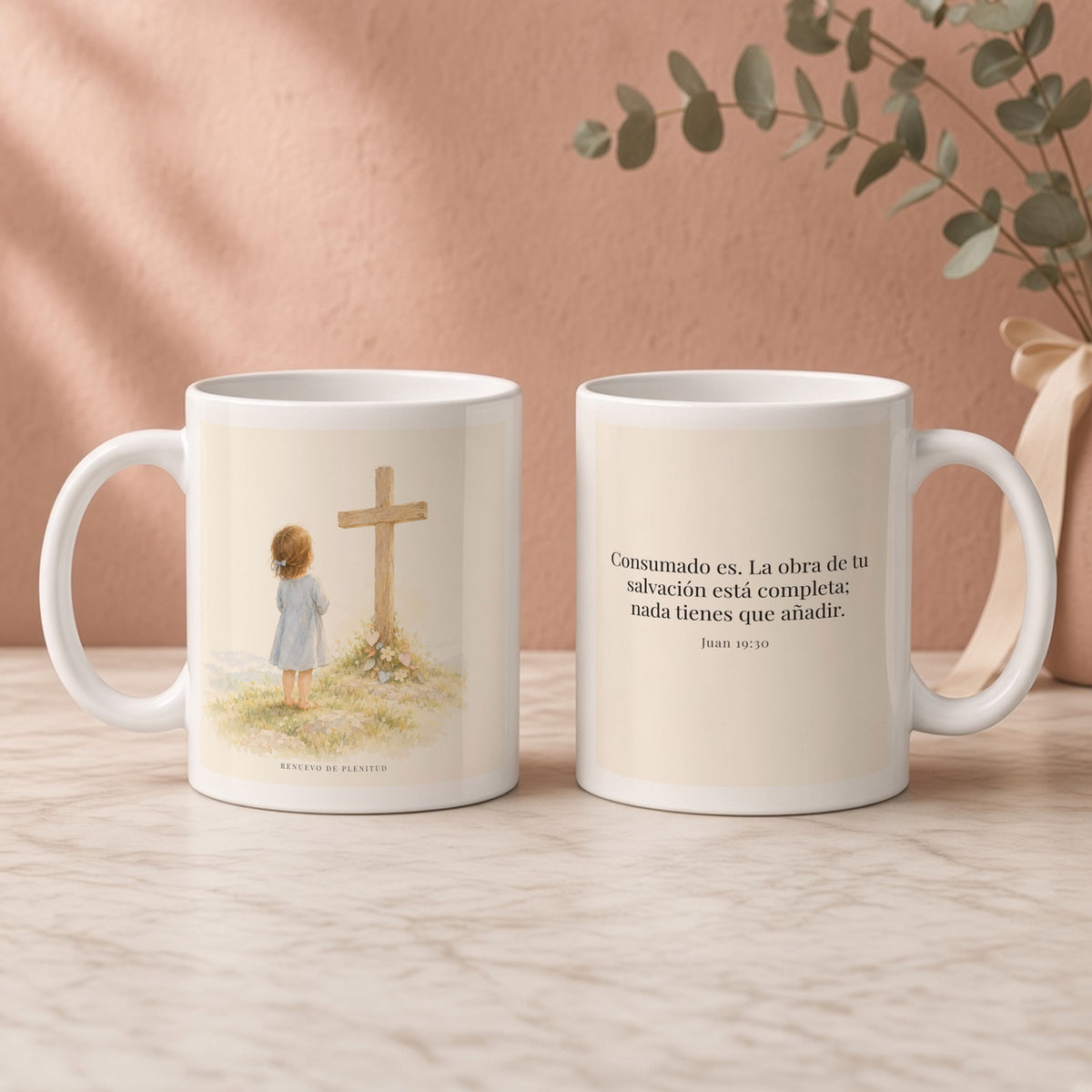 Consumado es: ya nada falta en la obra de Cristo | Taza bíblica para café | Juan 19:30 — 11oz · Regalo rosa empolvado, arte y frase devocional en dos tazas