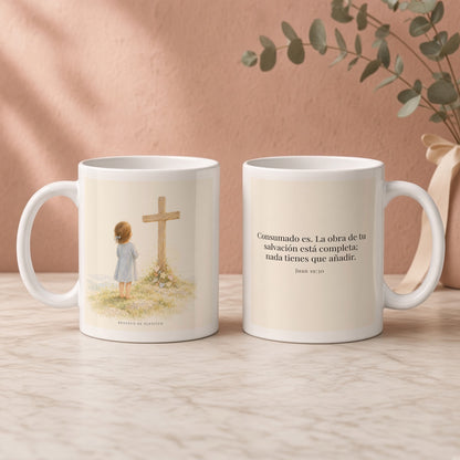 Consumado es: ya nada falta en la obra de Cristo | Taza bíblica para café | Juan 19:30 — 11oz · Regalo rosa empolvado, arte y frase devocional en dos tazas