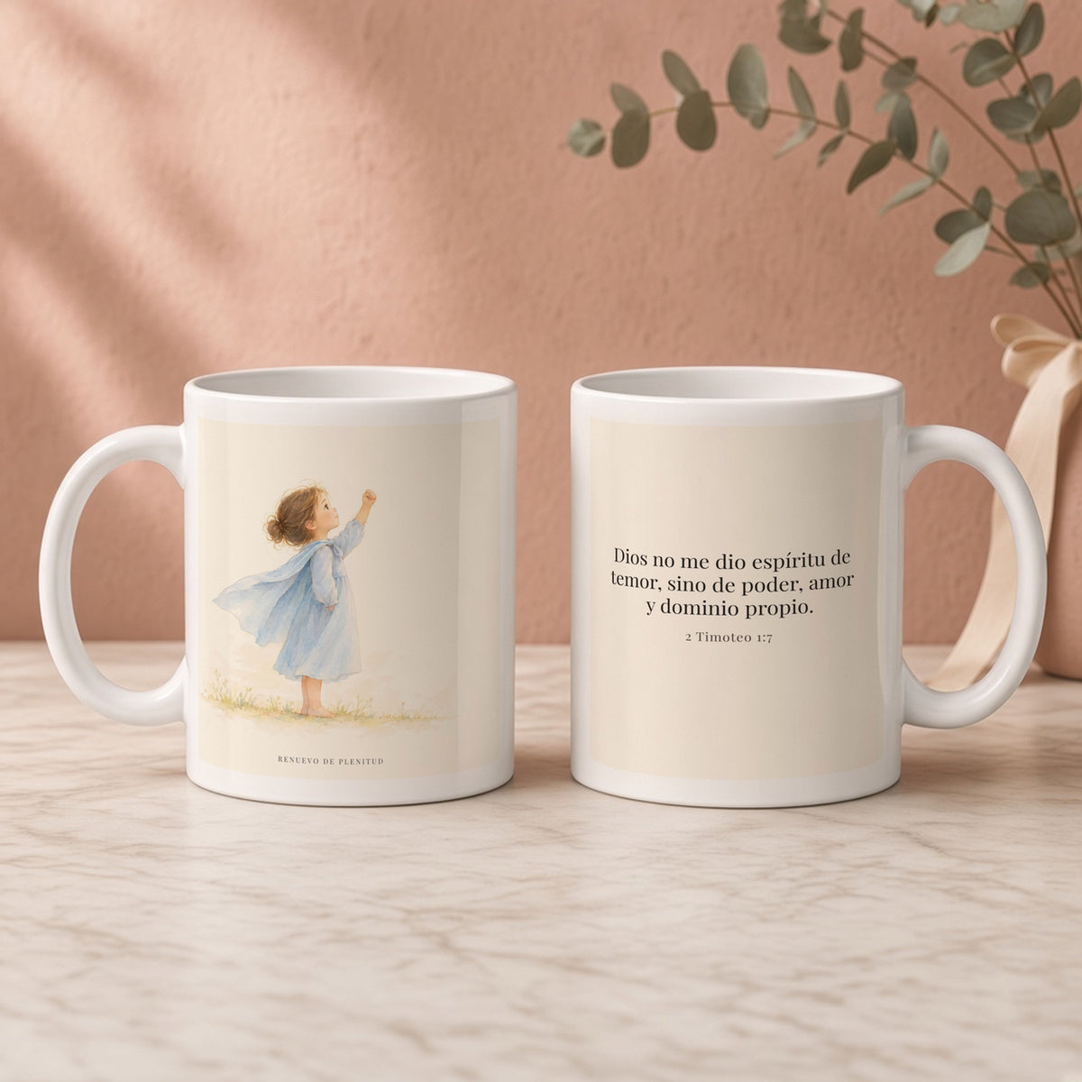Dios me da un espíritu de poder y de amor | Taza de fe para cada mañana | 2 Timoteo 1:7 — 11oz · Regalo rosa empolvado, arte y frase devocional en dos tazas