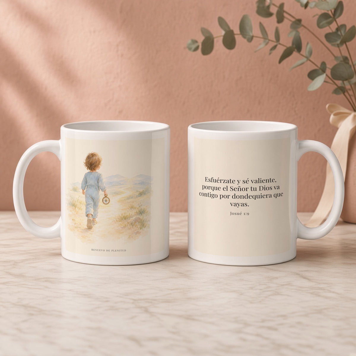 Esfuérzate y sé valiente, porque Jehová va contigo | Taza con arte cristiano | Josué 1:9 — 11oz · Regalo rosa empolvado, arte y frase devocional en dos tazas