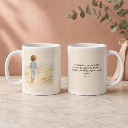 Esfuérzate y sé valiente, porque Jehová va contigo | Taza con arte cristiano | Josué 1:9 — 11oz · Regalo rosa empolvado, arte y frase devocional en dos tazas