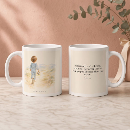 Esfuérzate y sé valiente, porque Jehová va contigo | Taza con arte cristiano | Josué 1:9 — 11oz · Regalo rosa empolvado, arte y frase devocional en dos tazas