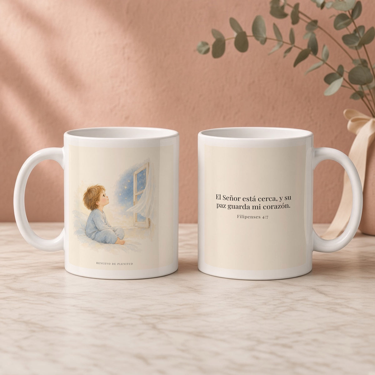 El Señor está cerca de mí | Taza de inspiración bíblica | Filipenses 4:7 — 11oz · Regalo rosa empolvado, arte y frase devocional en dos tazas