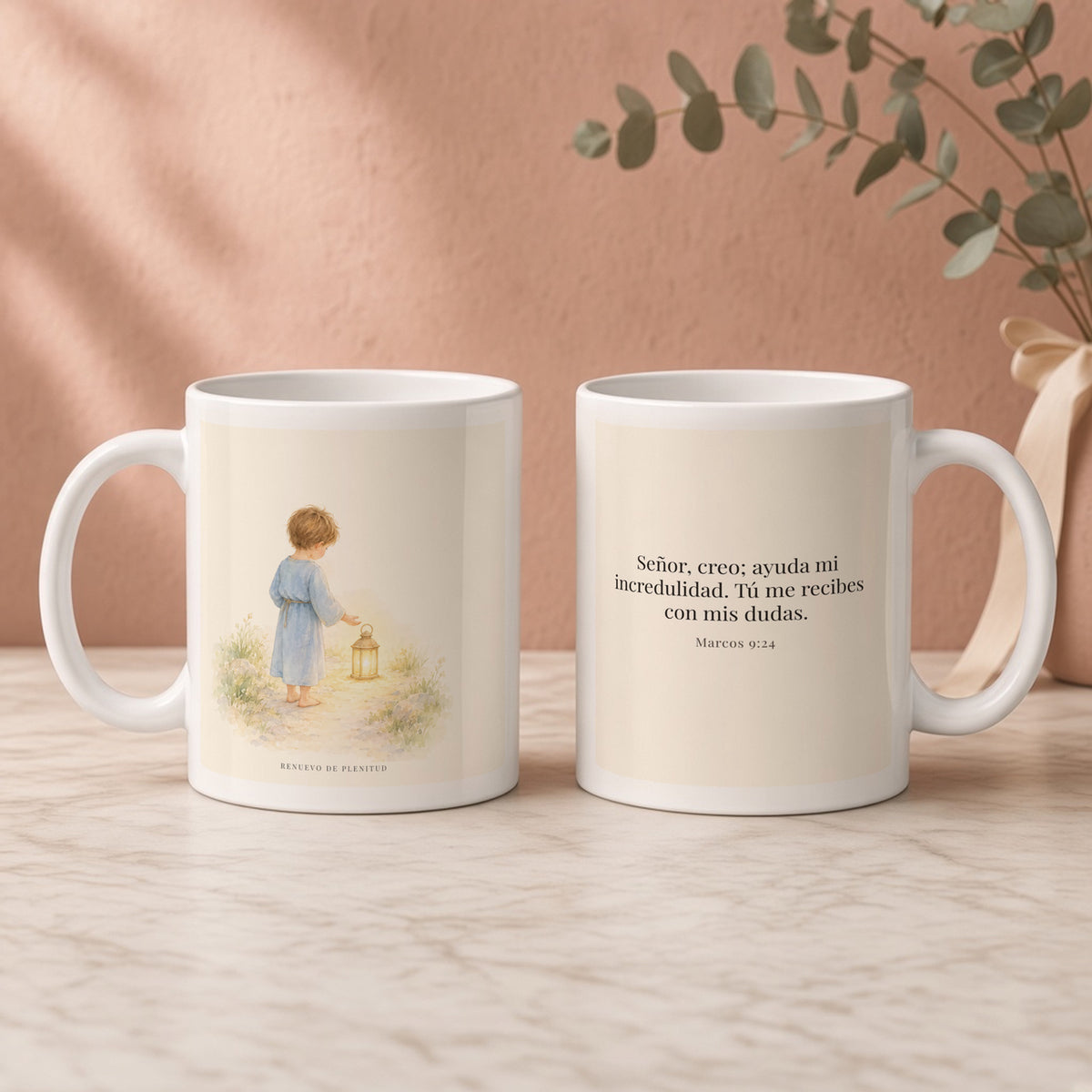 Señor, creo; ayuda mi incredulidad | Taza cristiana en dos tamaños | Marcos 9:24 — 11oz · Regalo rosa empolvado, arte y frase devocional en dos tazas