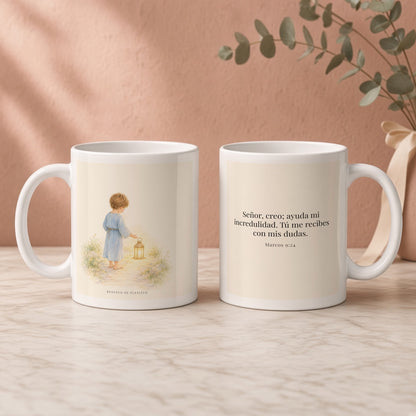 Señor, creo; ayuda mi incredulidad | Taza cristiana en dos tamaños | Marcos 9:24 — 11oz · Regalo rosa empolvado, arte y frase devocional en dos tazas