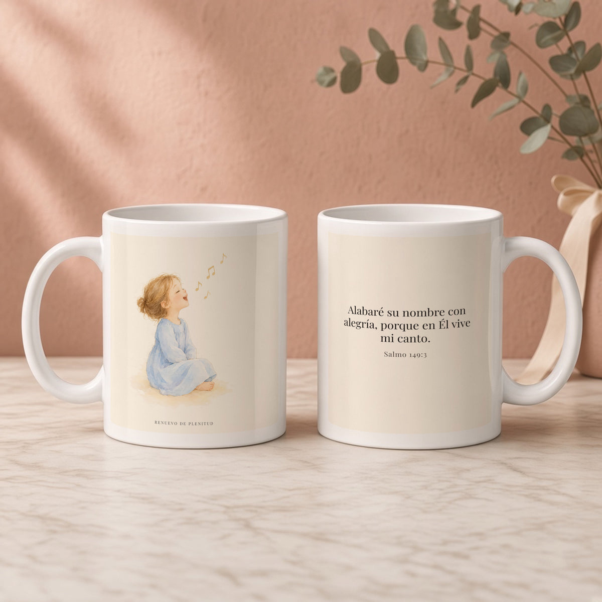Alabaré su nombre con alegría | Taza devocional ilustrada | Salmo 149:3 — 11oz · Regalo rosa empolvado, arte y frase devocional en dos tazas