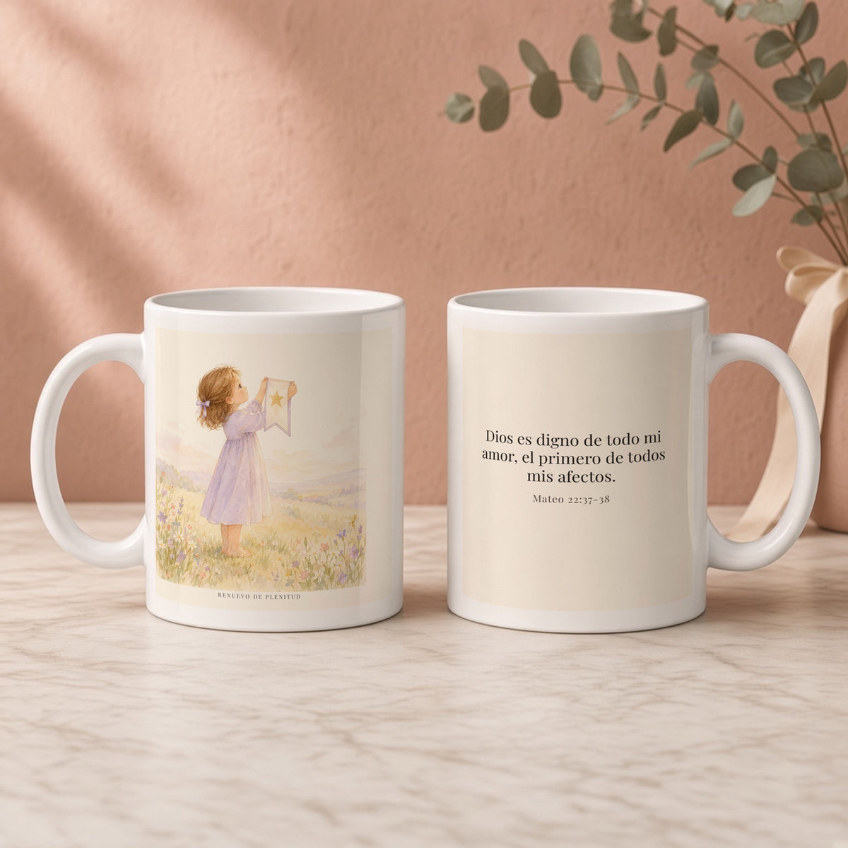 Dios es digno de todo mi amor | Taza cristiana con frase devocional | Mateo 22:37-38 — 11oz · Regalo rosa empolvado, arte y frase devocional en dos tazas
