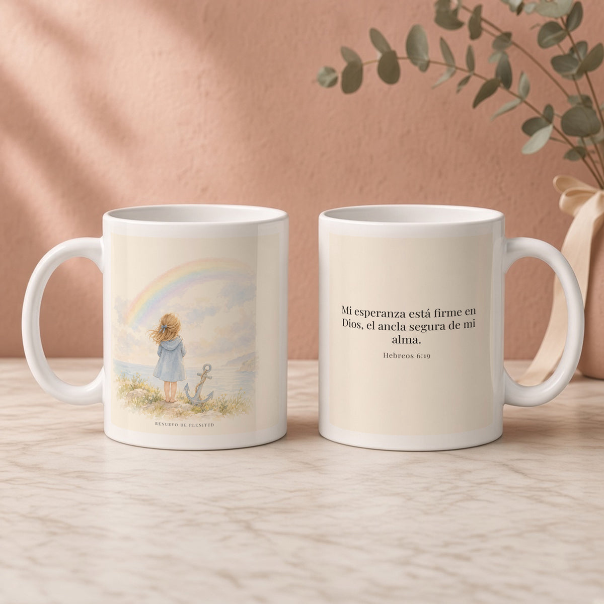 Mi esperanza está firme en Dios | Taza con arte cristiano | Hebreos 6:19 — 11oz · Regalo rosa empolvado, arte y frase devocional en dos tazas