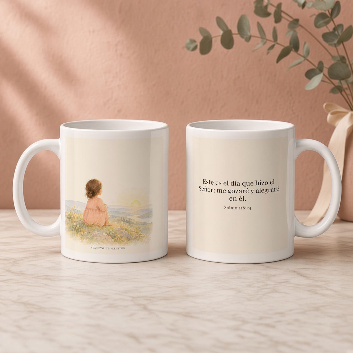 Este es el día que hizo Jehová | Taza cristiana con frase devocional | Salmo 118:24 — 11oz · Regalo rosa empolvado, arte y frase devocional en dos tazas