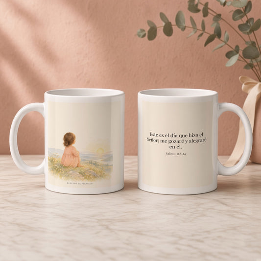 Este es el día que hizo Jehová | Taza cristiana con frase devocional | Salmo 118:24 — 11oz · Regalo rosa empolvado, arte y frase devocional en dos tazas