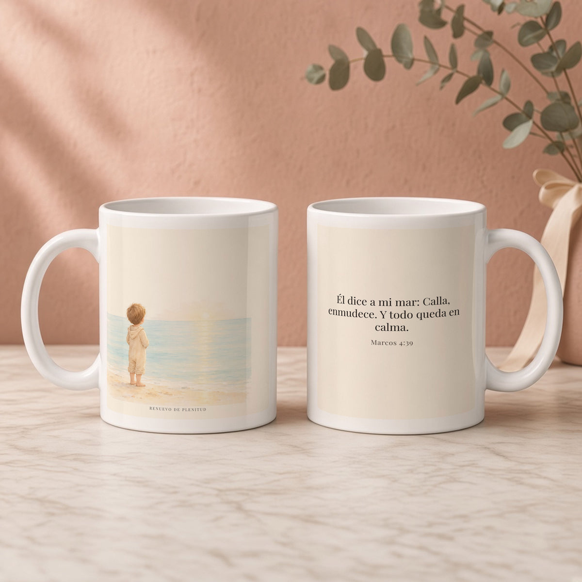 Él dijo: Calla, enmudece | Taza devocional de fe | Marcos 4:39 — 11oz · Regalo rosa empolvado, arte y frase devocional en dos tazas