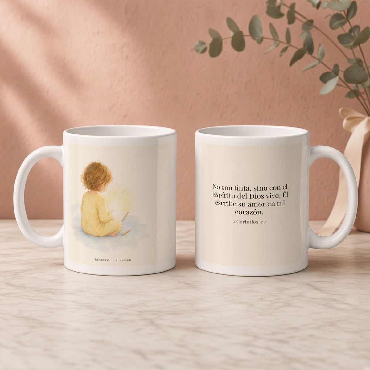 El Espíritu del Dios vivo escribe en mi corazón | Taza devocional de fe | 2 Corintios 3:3 — 11oz · Regalo rosa empolvado, arte y frase devocional en dos tazas