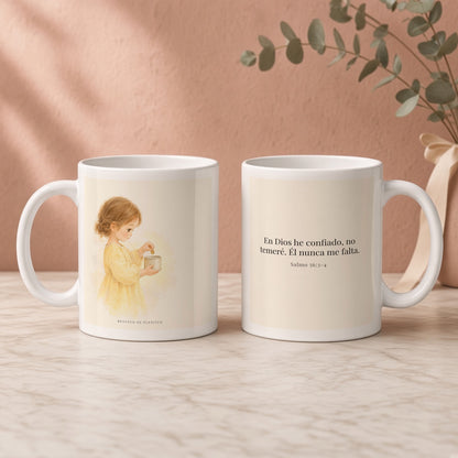 En Dios he confiado, no temeré | Taza cristiana con frase devocional | Salmo 56:3-4 — 11oz · Regalo rosa empolvado, arte y frase devocional en dos tazas