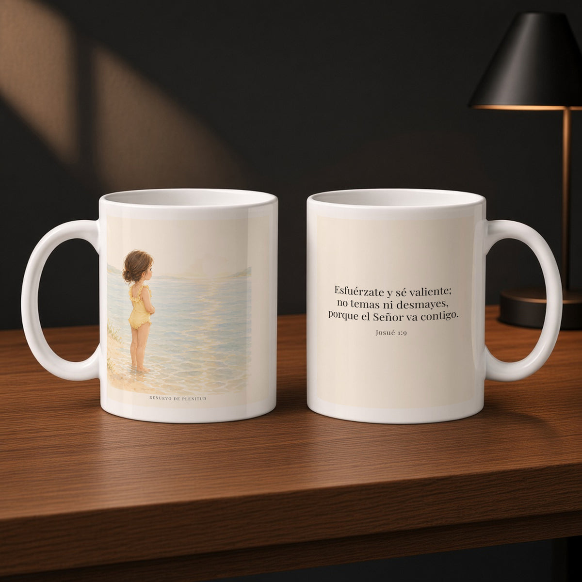Esfuérzate y sé valiente | Taza de inspiración bíblica | Josué 1:9 — 11oz · Estudio carbón, arte y frase devocional en dos tazas