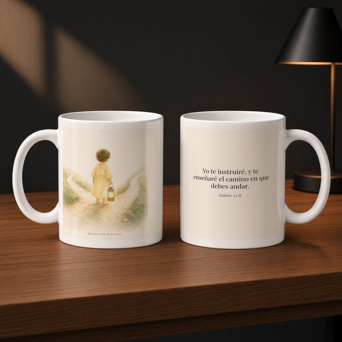 Yo te instruiré en el camino | Taza con arte cristiano | Salmo 32:8 — 11oz · Estudio carbón, arte y frase devocional en dos tazas