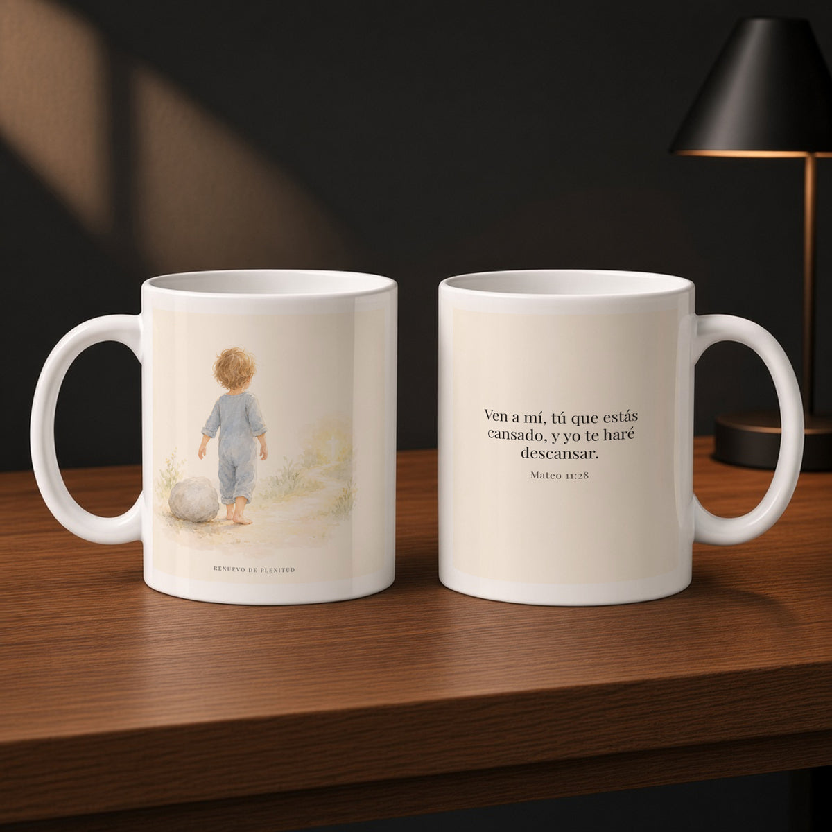 Ven a mí y yo te haré descansar | Taza con arte cristiano | Mateo 11:28 — 11oz · Estudio carbón, arte y frase devocional en dos tazas