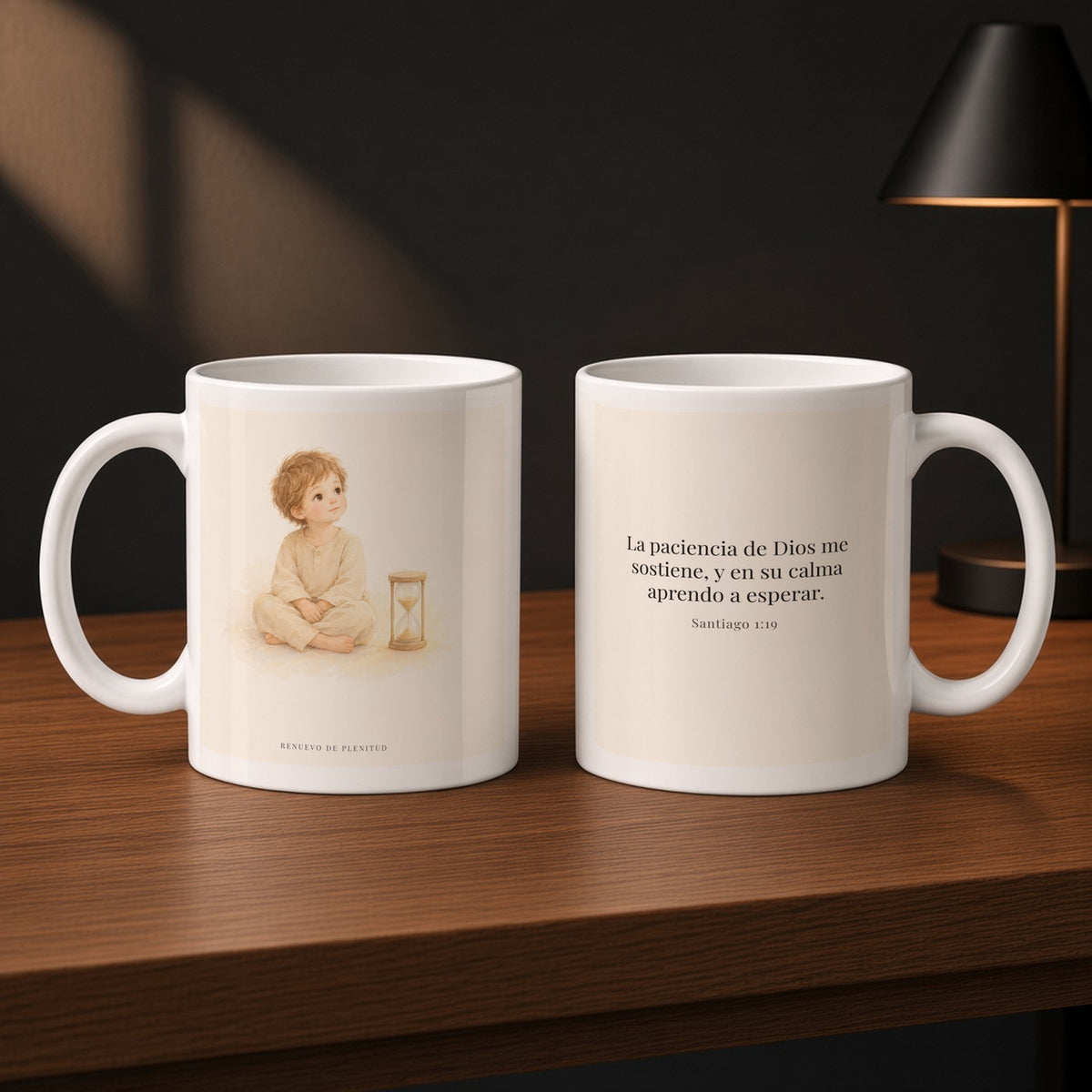 En la paciencia de Dios encuentro reposo | Taza cristiana con frase devocional | Santiago 1:19 — 11oz · Estudio carbón, arte y frase devocional en dos tazas