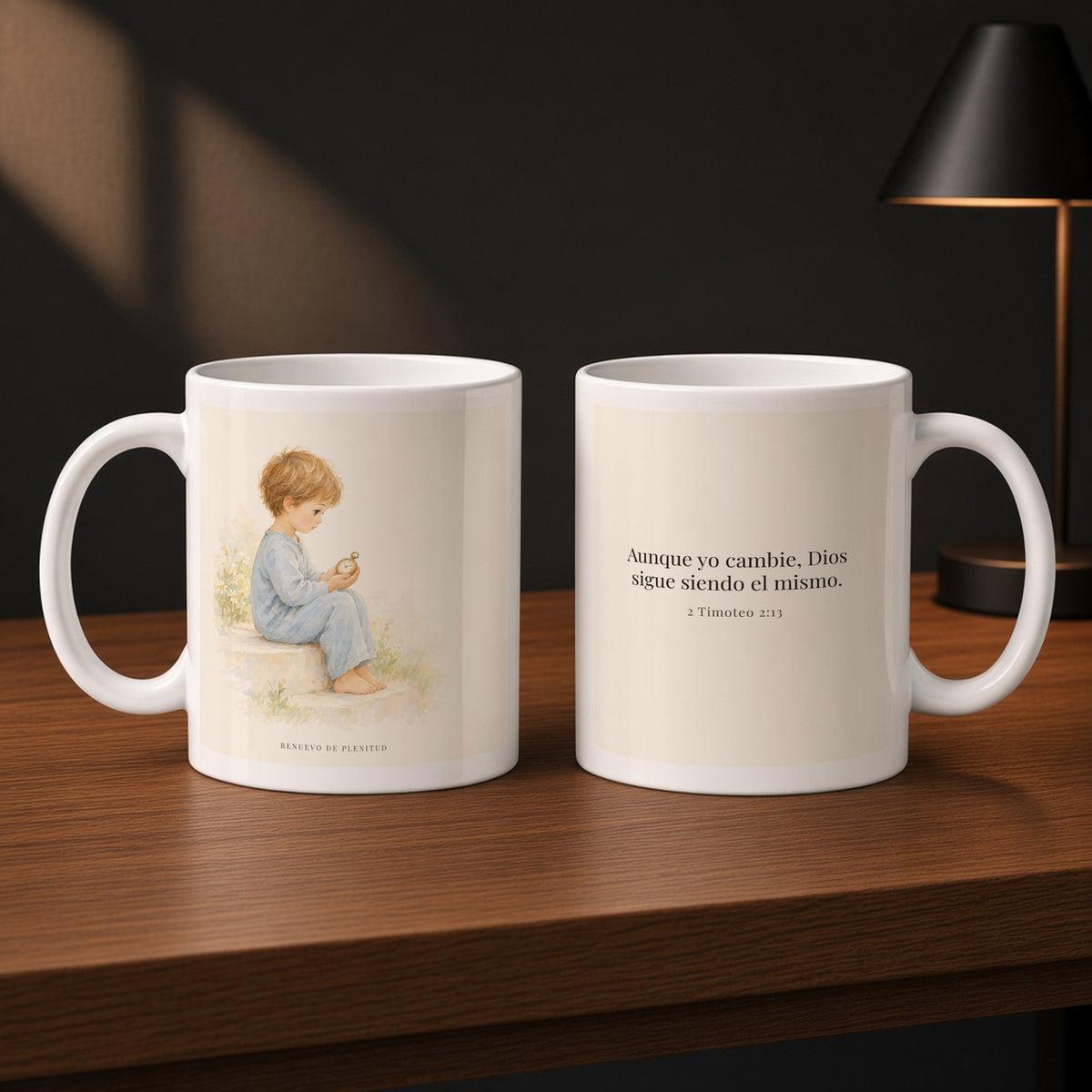 Él no puede negarse a sí mismo | Taza devocional ilustrada | 2 Timoteo 2:13 — 11oz · Estudio carbón, arte y frase devocional en dos tazas
