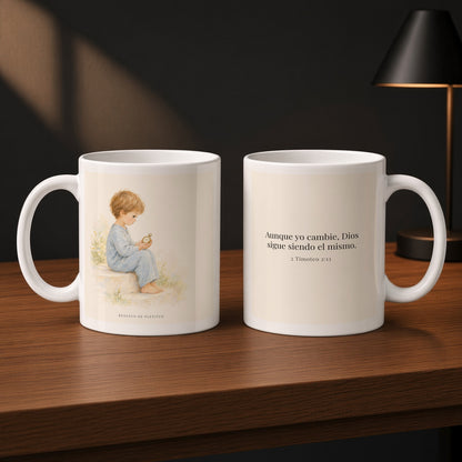 Él no puede negarse a sí mismo | Taza devocional ilustrada | 2 Timoteo 2:13 — 11oz · Estudio carbón, arte y frase devocional en dos tazas