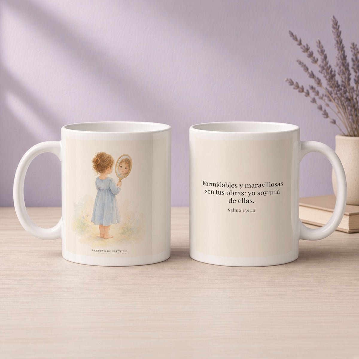 Formidables y maravillosas son tus obras | Taza de fe para cada mañana | Salmo 139:14 — 11oz · Devocional lavanda, arte y frase devocional en dos tazas