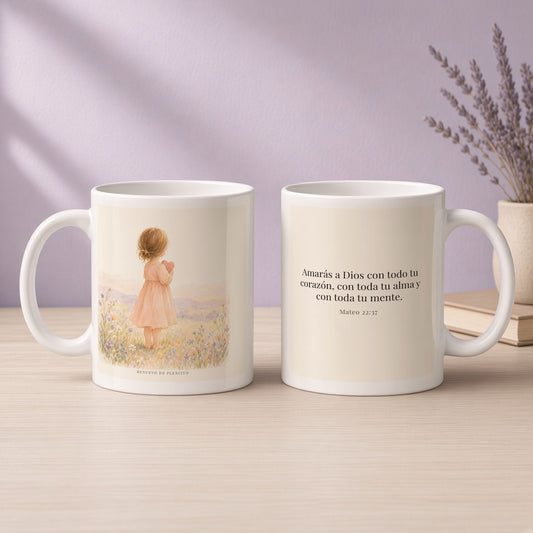 Amarás a Dios con todo tu corazón | Taza de fe para cada mañana | Mateo 22:37 — 11oz · Devocional lavanda, arte y frase devocional en dos tazas