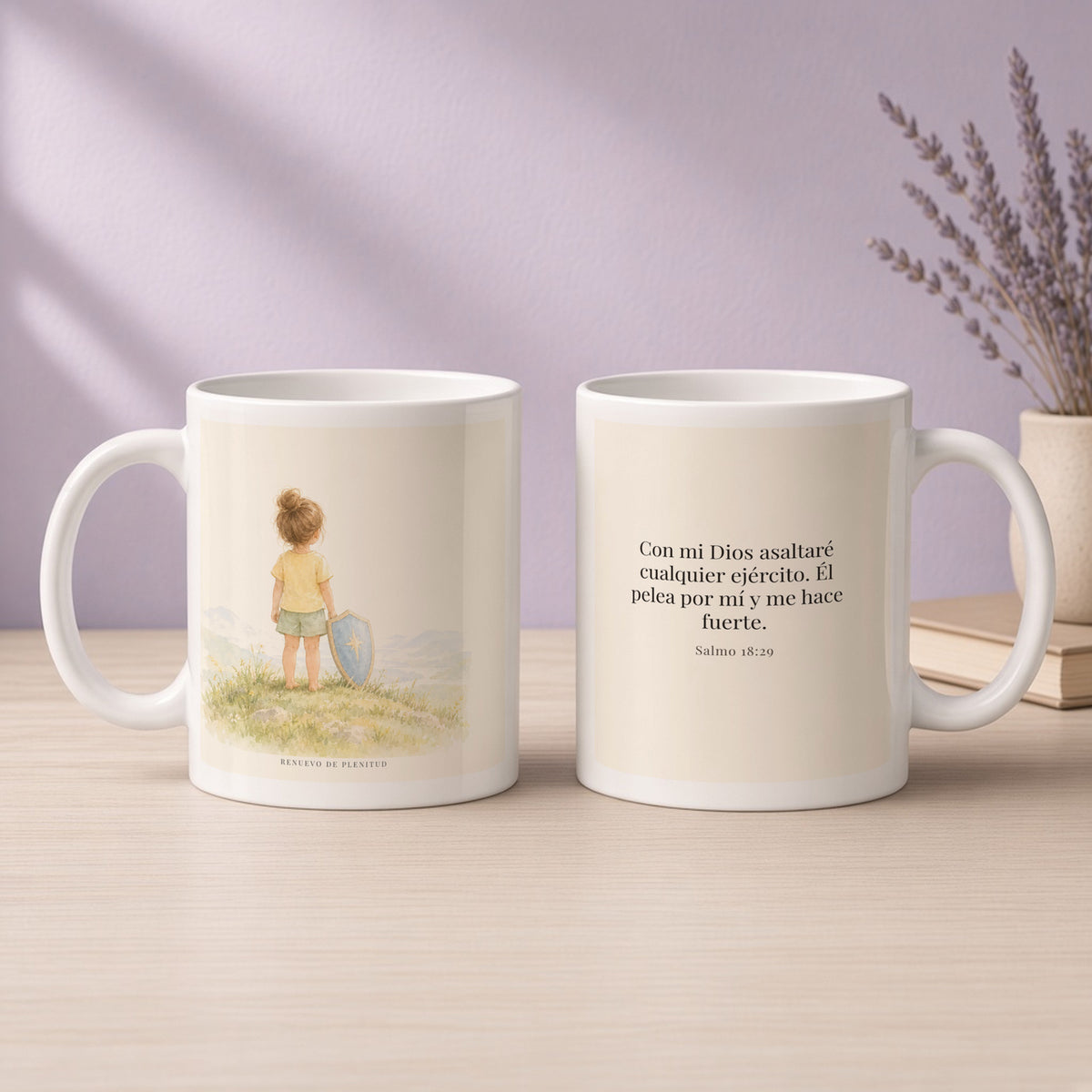 Con mi Dios asaltaré ejércitos | Taza cristiana en dos tamaños | Salmo 18:29 — 11oz · Devocional lavanda, arte y frase devocional en dos tazas