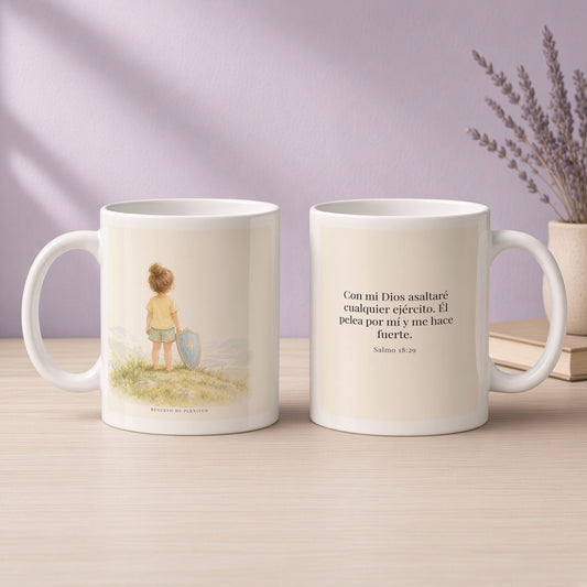Con mi Dios asaltaré ejércitos | Taza cristiana en dos tamaños | Salmo 18:29 — 11oz · Devocional lavanda, arte y frase devocional en dos tazas