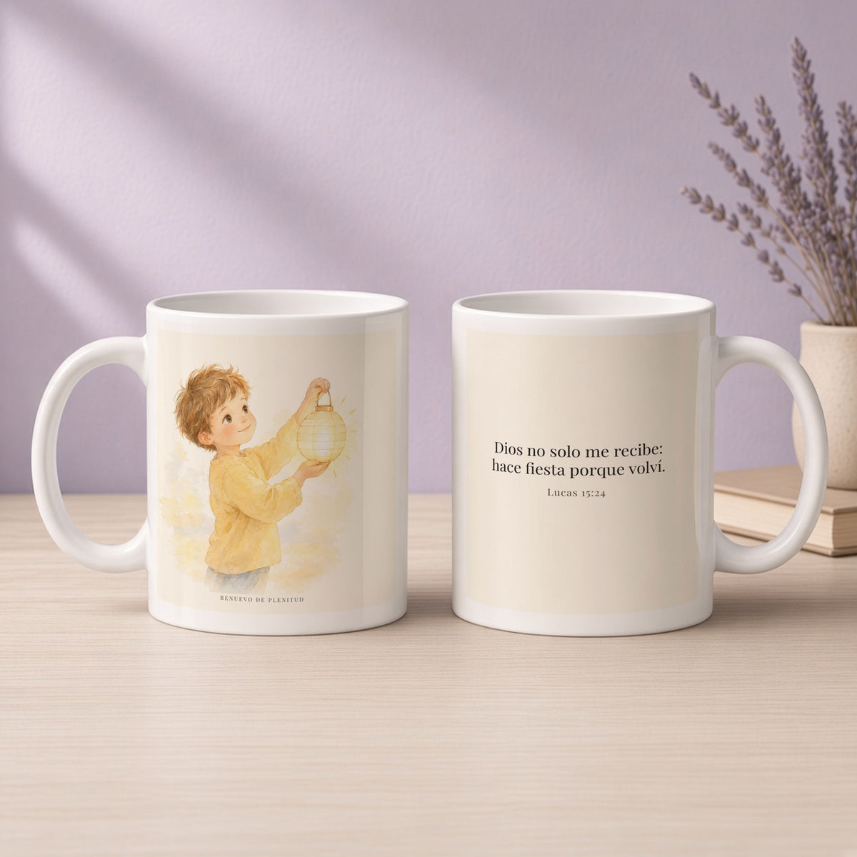 Era tiempo de hacer fiesta y regocijarnos | Taza de inspiración bíblica | Lucas 15:24 — 11oz · Devocional lavanda, arte y frase devocional en dos tazas