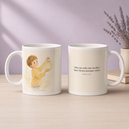 Era tiempo de hacer fiesta y regocijarnos | Taza de inspiración bíblica | Lucas 15:24 — 11oz · Devocional lavanda, arte y frase devocional en dos tazas