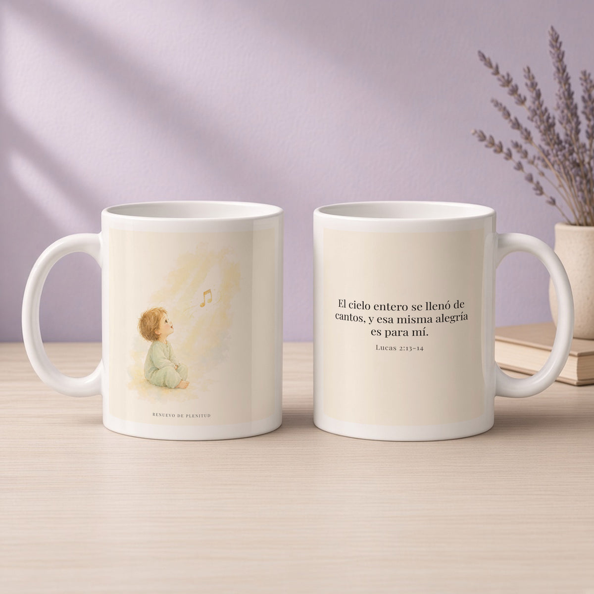 El ejército del cielo canta mi alegría | Taza de inspiración bíblica | Lucas 2:13-14 — 11oz · Devocional lavanda, arte y frase devocional en dos tazas