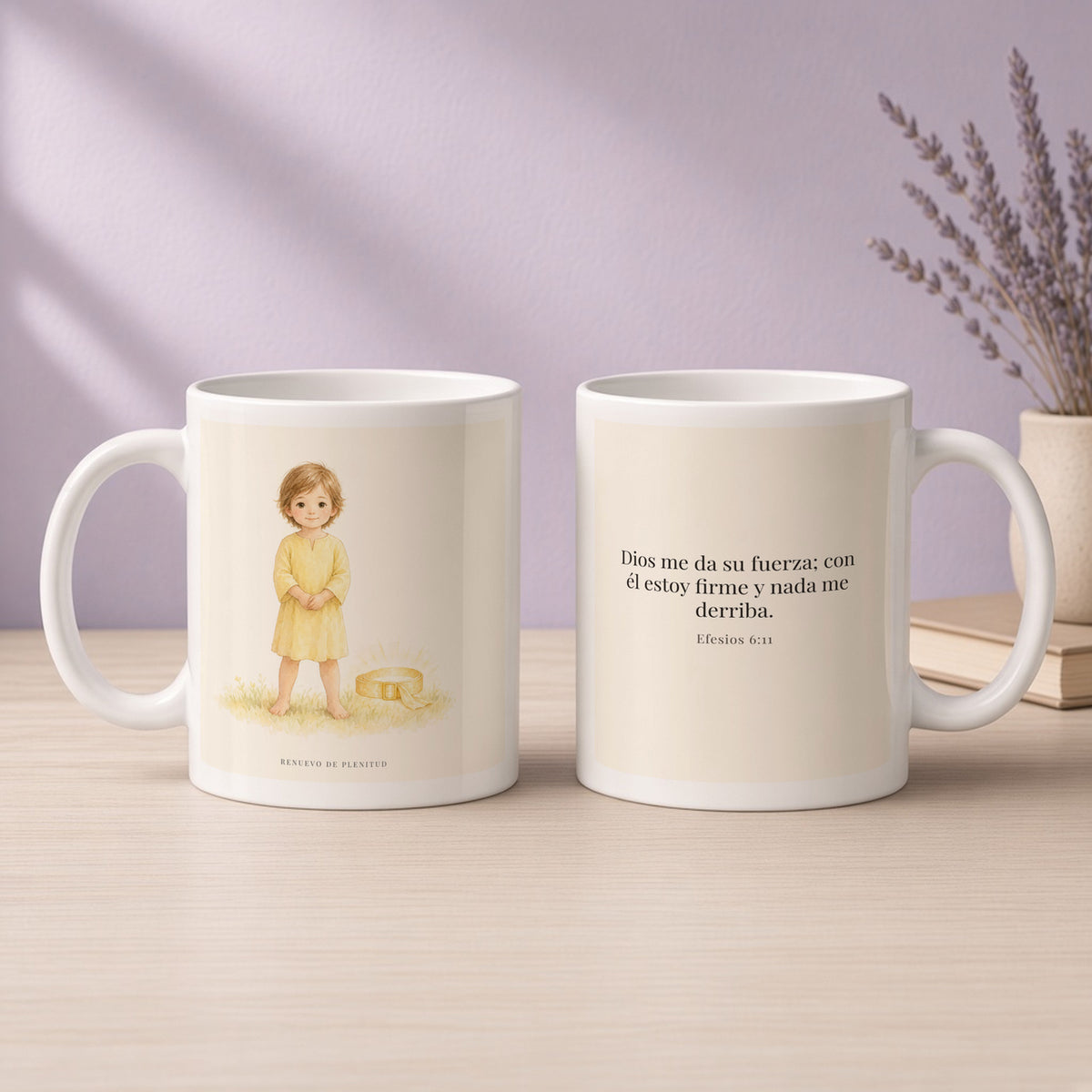 Dios me da su fuerza para estar firme | Taza cristiana en dos tamaños | Efesios 6:11 — 11oz · Devocional lavanda, arte y frase devocional en dos tazas