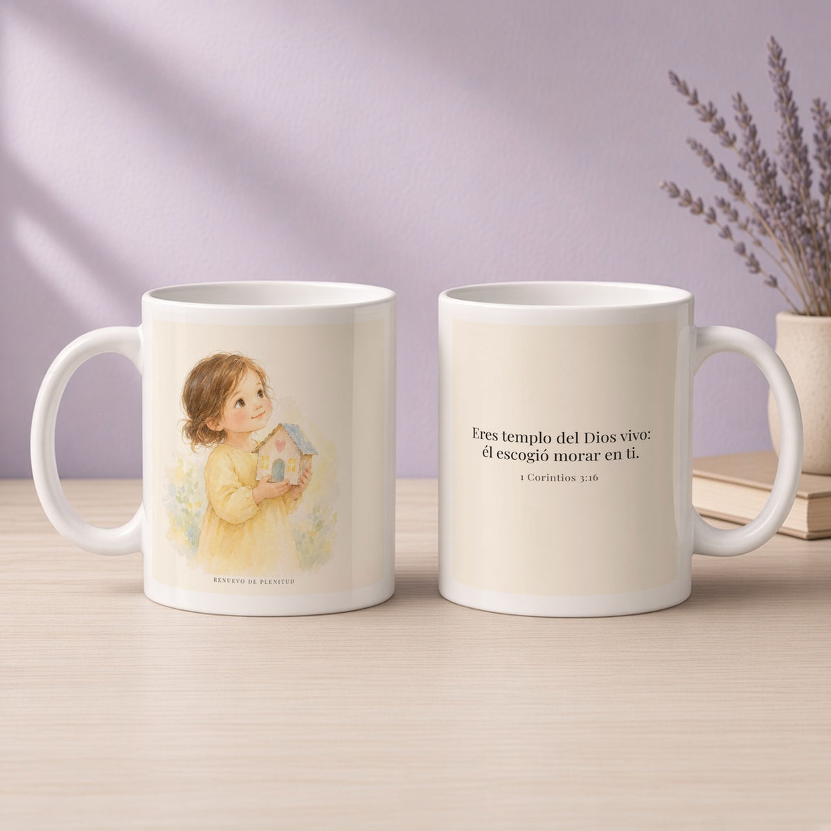 Eres templo del Dios vivo | Taza devocional ilustrada | 1 Corintios 3:16 — 11oz · Devocional lavanda, arte y frase devocional en dos tazas