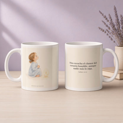 Dios escucha mi oración más callada | Taza devocional de fe | Salmo 10:17 — 11oz · Devocional lavanda, arte y frase devocional en dos tazas