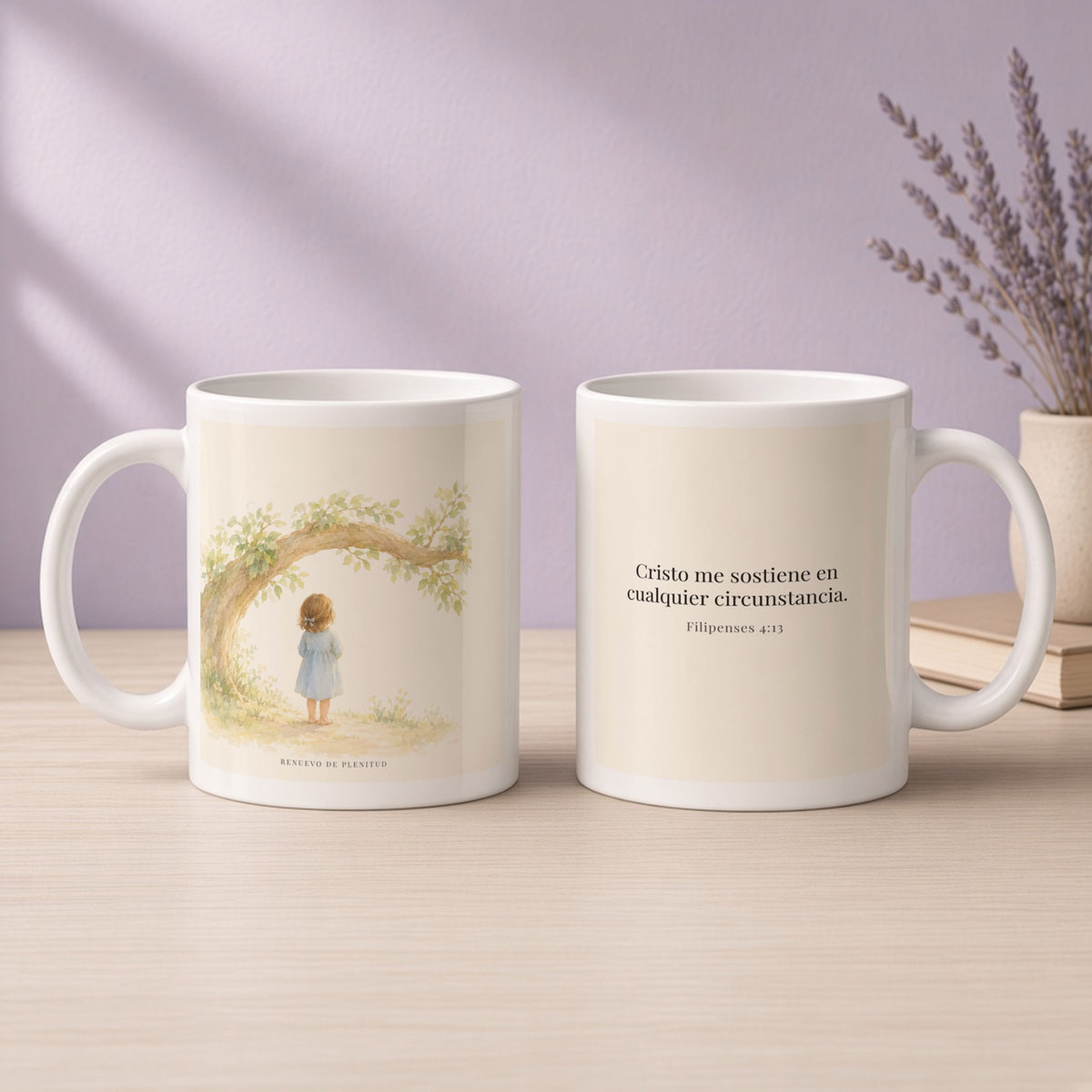 Cristo me sostiene en cualquier circunstancia | Taza devocional de fe | Filipenses 4:13 — 11oz · Devocional lavanda, arte y frase devocional en dos tazas