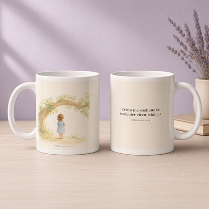 Cristo me sostiene en cualquier circunstancia | Taza devocional de fe | Filipenses 4:13 — 11oz · Devocional lavanda, arte y frase devocional en dos tazas