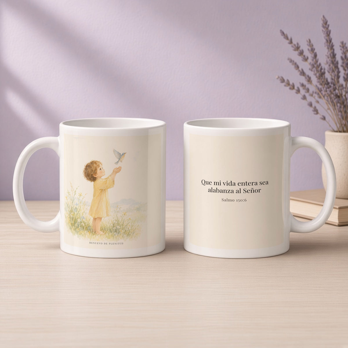 Que mi vida entera sea alabanza | Taza de inspiración bíblica | Salmo 150:6 — 11oz · Devocional lavanda, arte y frase devocional en dos tazas