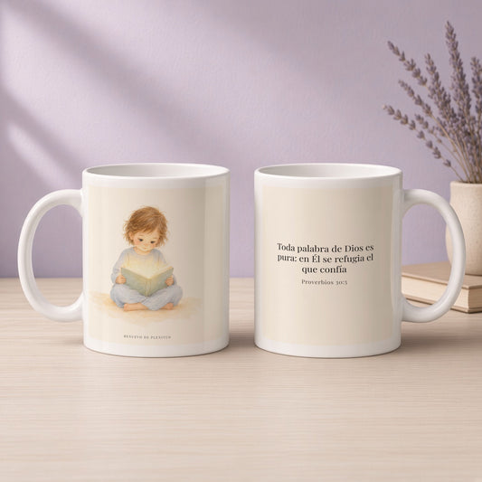 Toda palabra de Dios es limpia | Taza devocional de fe | Proverbios 30:5 — 11oz · Devocional lavanda, arte y frase devocional en dos tazas